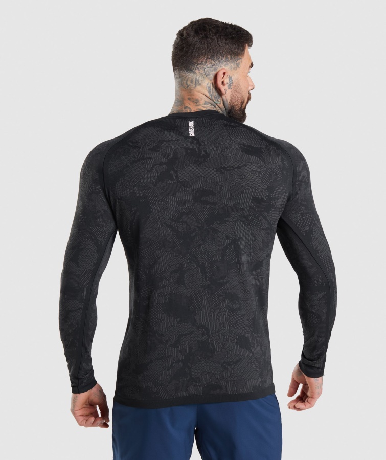 Camiseta Gymshark Geo Seamless Manga Larga Negro-gris Carbón
