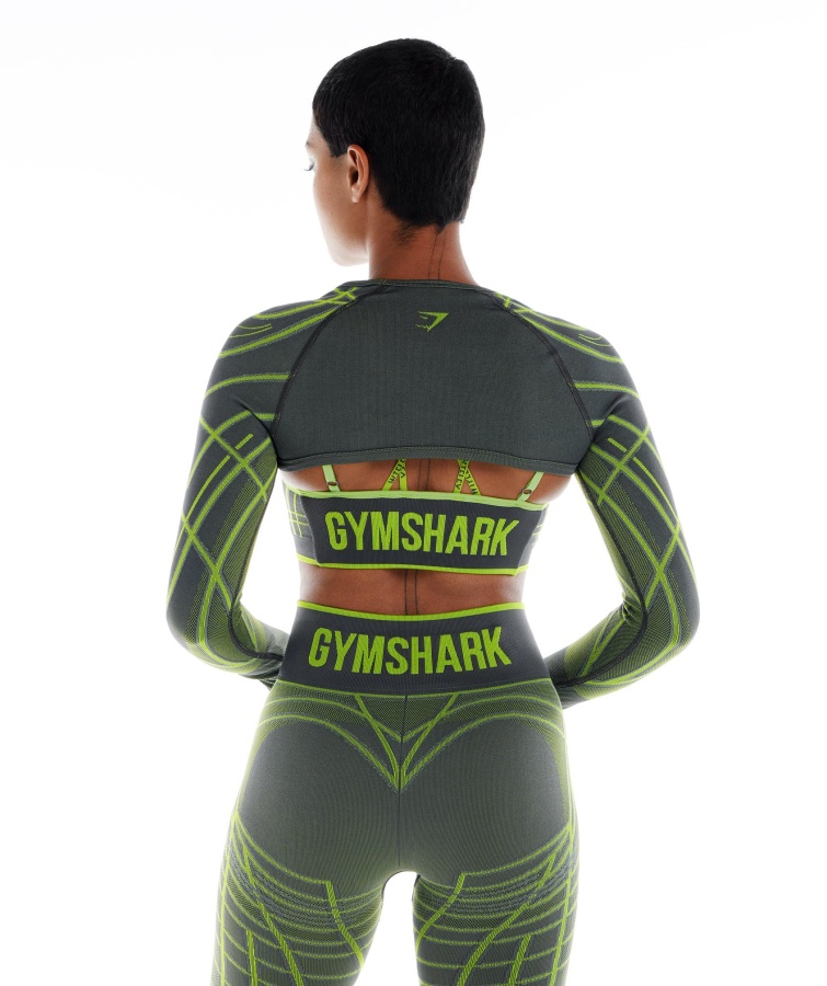 Gymshark Wtflex Lineal Sin Costuras Manga Larga Encogimiento De Hombros Gris Carbón-verde Fluo-gris Claro