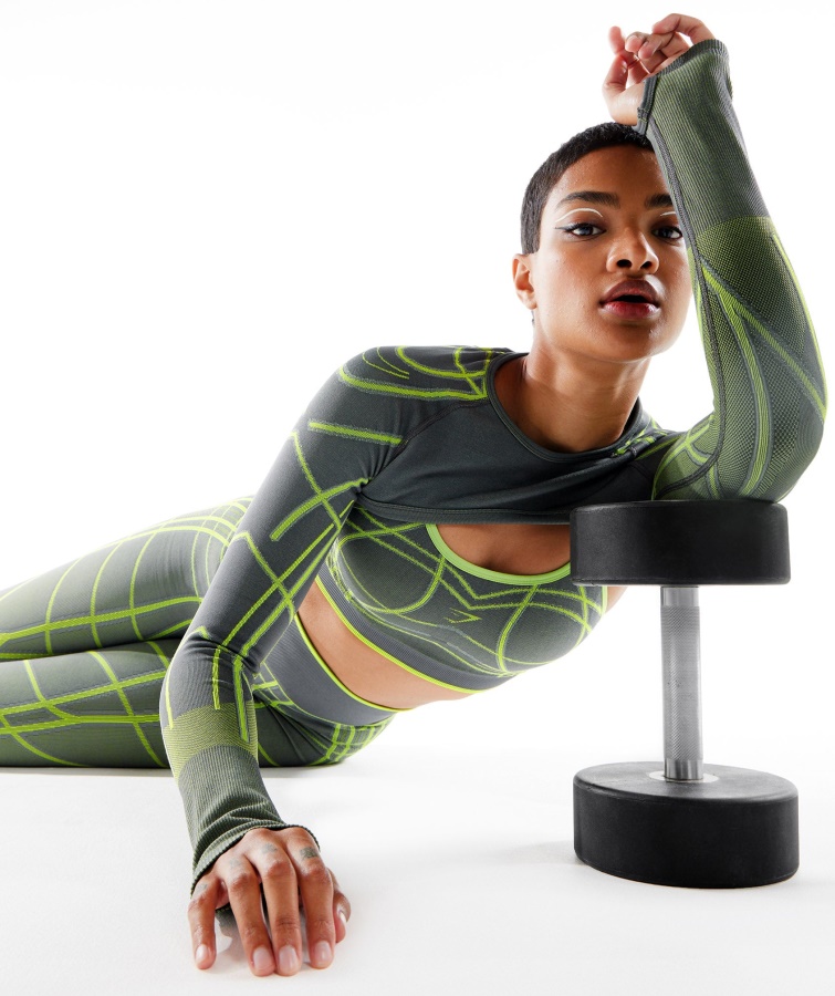 Gymshark Wtflex Lineal Sin Costuras Manga Larga Encogimiento De Hombros Gris Carbón-verde Fluo-gris Claro